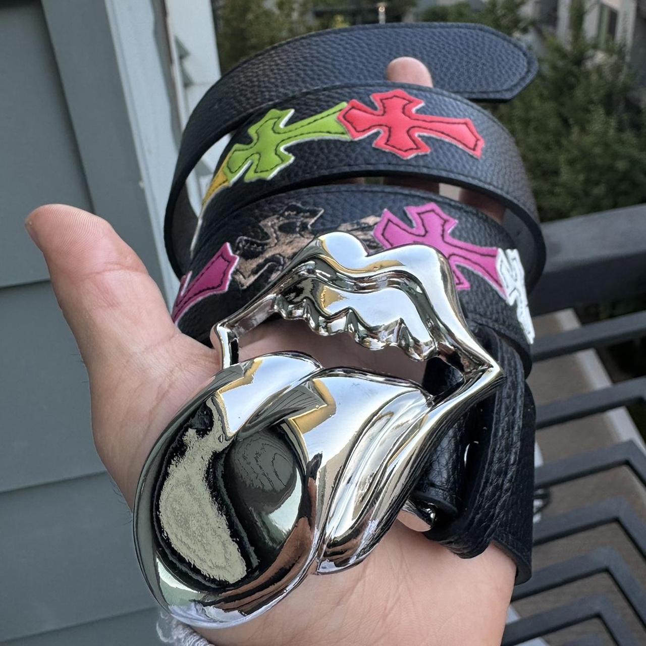 tongue belt with multicolored crosses