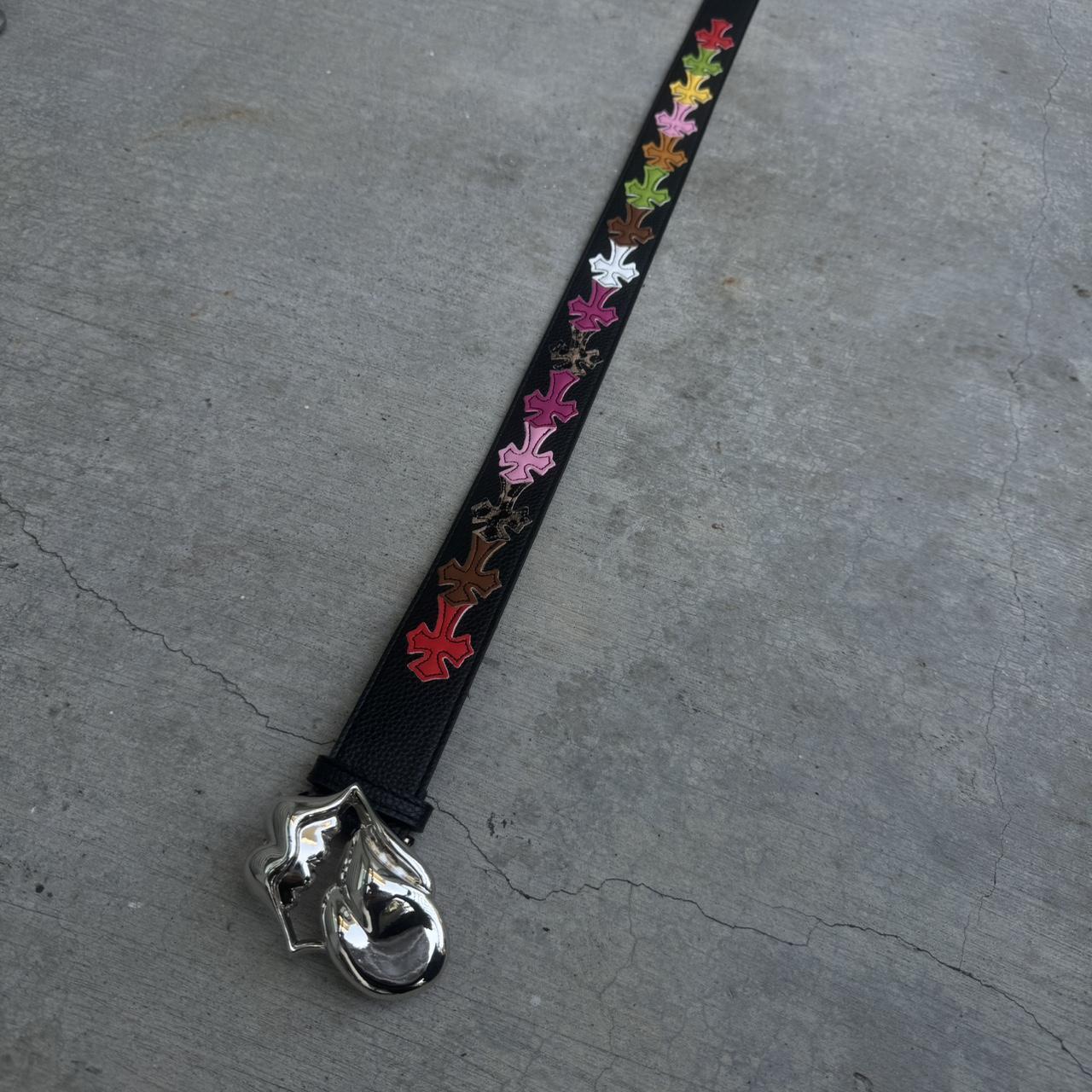 tongue belt with multicolored crosses