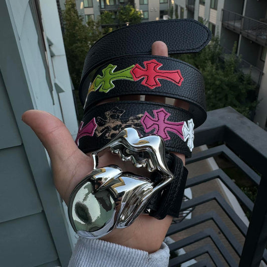 tongue belt with multicolored crosses