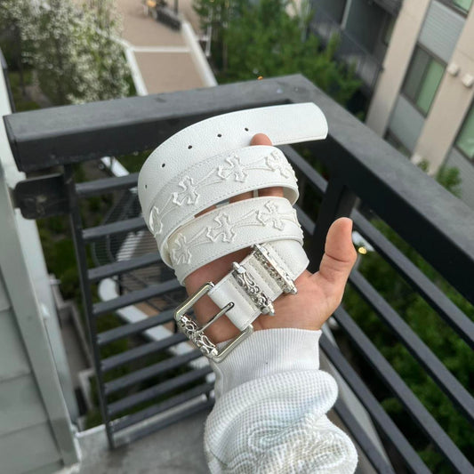 white belt with stitched crosses